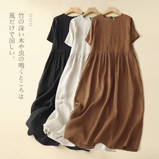 2025 Summer New Simple and Elegant Cotton Dress Artistic O-neck Short Sleeve Large Swing Long Dress