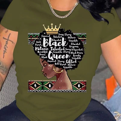 100% Cotton  Black Afro Women Printing Pattern  White T shirt  Women Casual T-shirts Plus Size