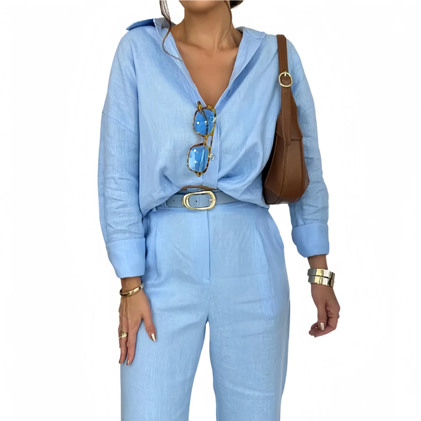 Women's Clothing 2025 New Fashion Cotton and Linen Solid Color Loose Long Sleeved Shirt Casual Suit Pants Two-piece Set