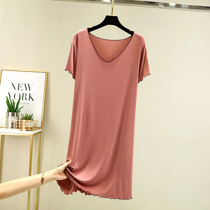2025 Fall Summer Spring Collection Hot Sale Ladies' Girls' Sleeping Dress Short Sleeved Large V-Neck Loose Lace Pure Color Knitted