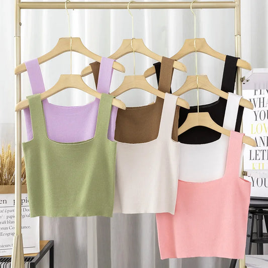 None Sweet Women S Nylon M Summer Womens Fashion Solid Color Square Neck Doublelayer Sling Slimfit Vest Top