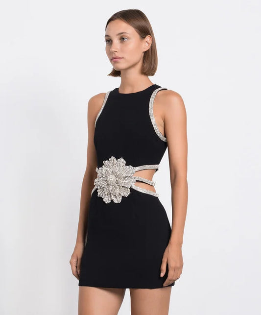 New Fashion Sleeveless Short Party Dress Elegant Women Rhinestone Flower Sexy Cut-out Club Dresses