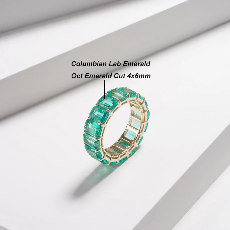 MomentWill 14K Solid Gold Ring Lab Emerald Lab Ruby Gemstone Wedding Band Ring