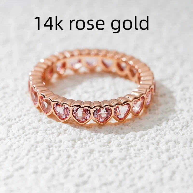 MomentWill 10k 14k Rose Gold Heart-Shape Eternity Diamond Rings Women Solid Vintage  Gemstone Jewelry with Bezel Setting
