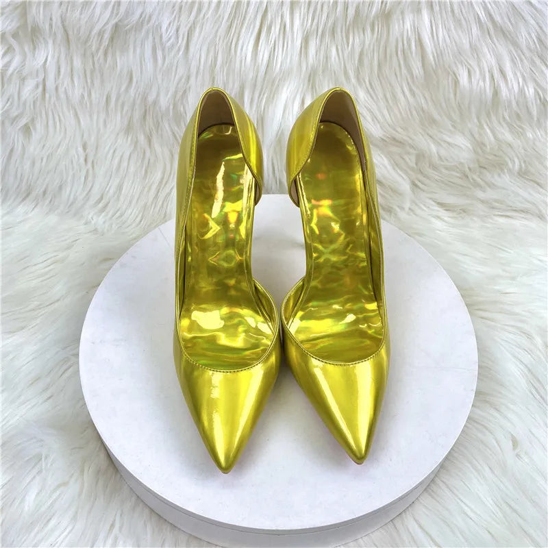 2025 New Laser Gold High Heels 12CM Pointed Fine Heels Red 8CM Women's Shoes
