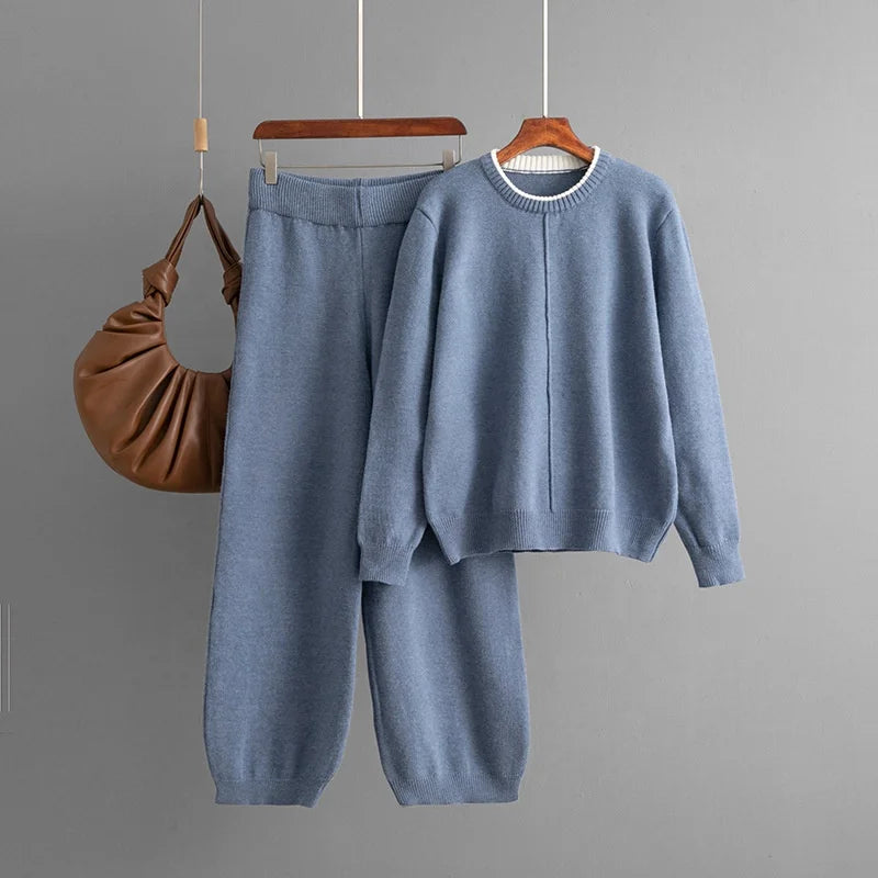 Winter Two Piece Outfit Cozy Knitted Crew Neck Pullover and Relaxed Fit Trousers Casual Fashion Clothing Set