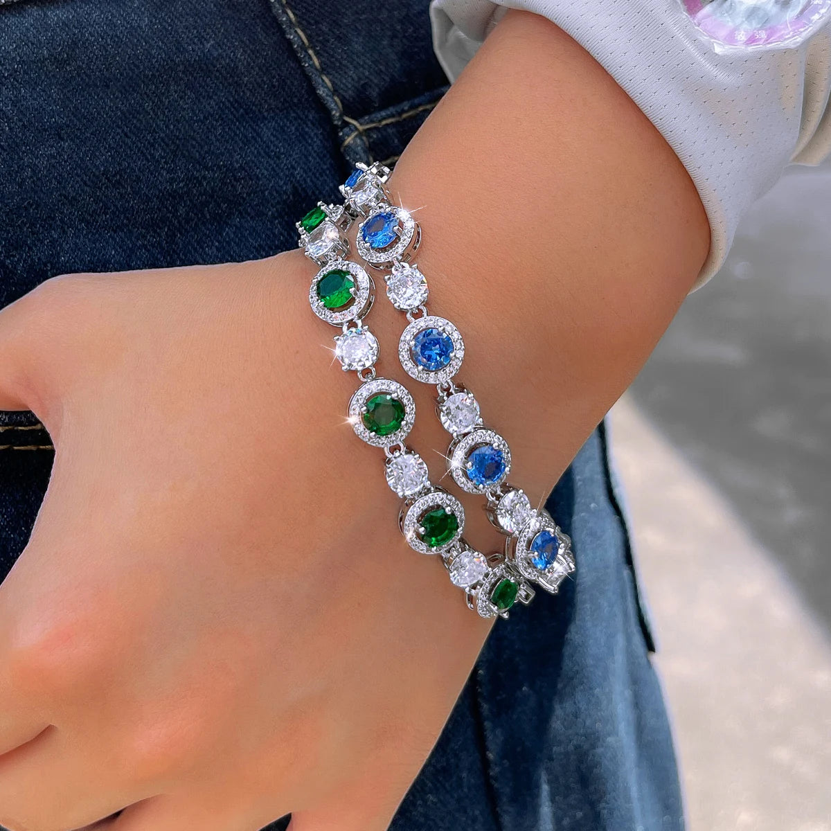 Elegant Bracelet Rhodium Plated Green White Round CZ Tennis Chain Link Bracelet for Women Brides Jewelry Costume Accessories