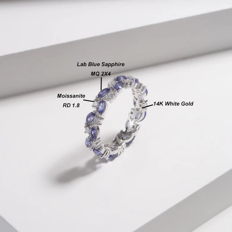 MomentWill 14K Solid Gold Ring Lab Emerald Lab Blue Sapphire Gemstone Wedding Band Ring