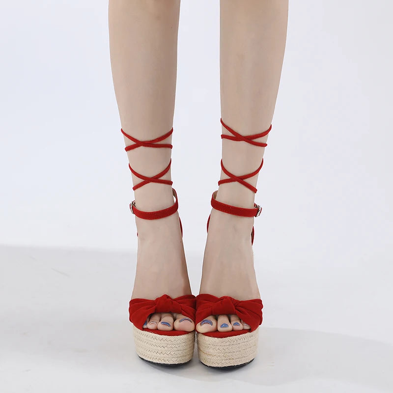 Sexy Woven Peep Toe Sandals for Women Summer Platform Wedges Buckle Sandals Outdoor Shoes Suede Heels