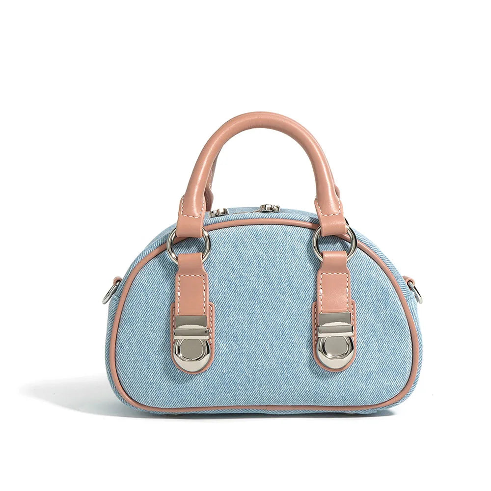Women's Fashion Mini Crossbody Shoulder Bag New Denim Purses with Zipper Closure and Leather Handle