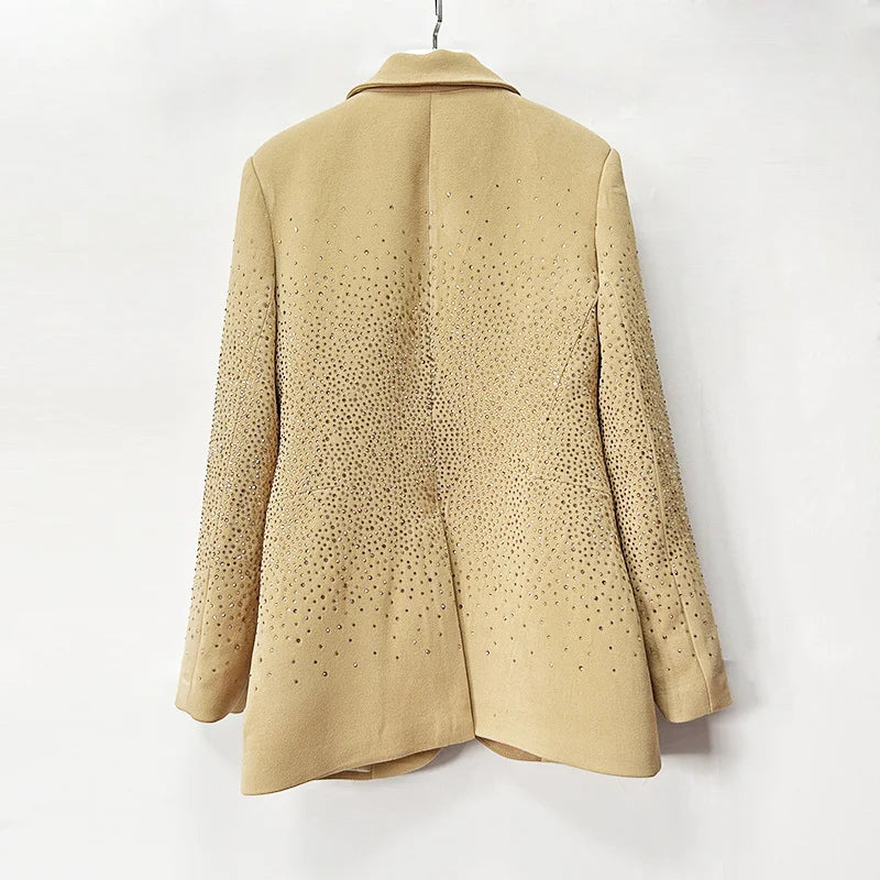 Women Diamond Crystal Beading Blazer for Women V-Neck  Formal Wear Jacket Beige Spring Autumn Style