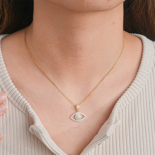 Fine Jewelry 14K Solid Gold Cubic Zircon Newest Fashion Design Eye Shape Real Gold Pendant Necklace with Silver Chain