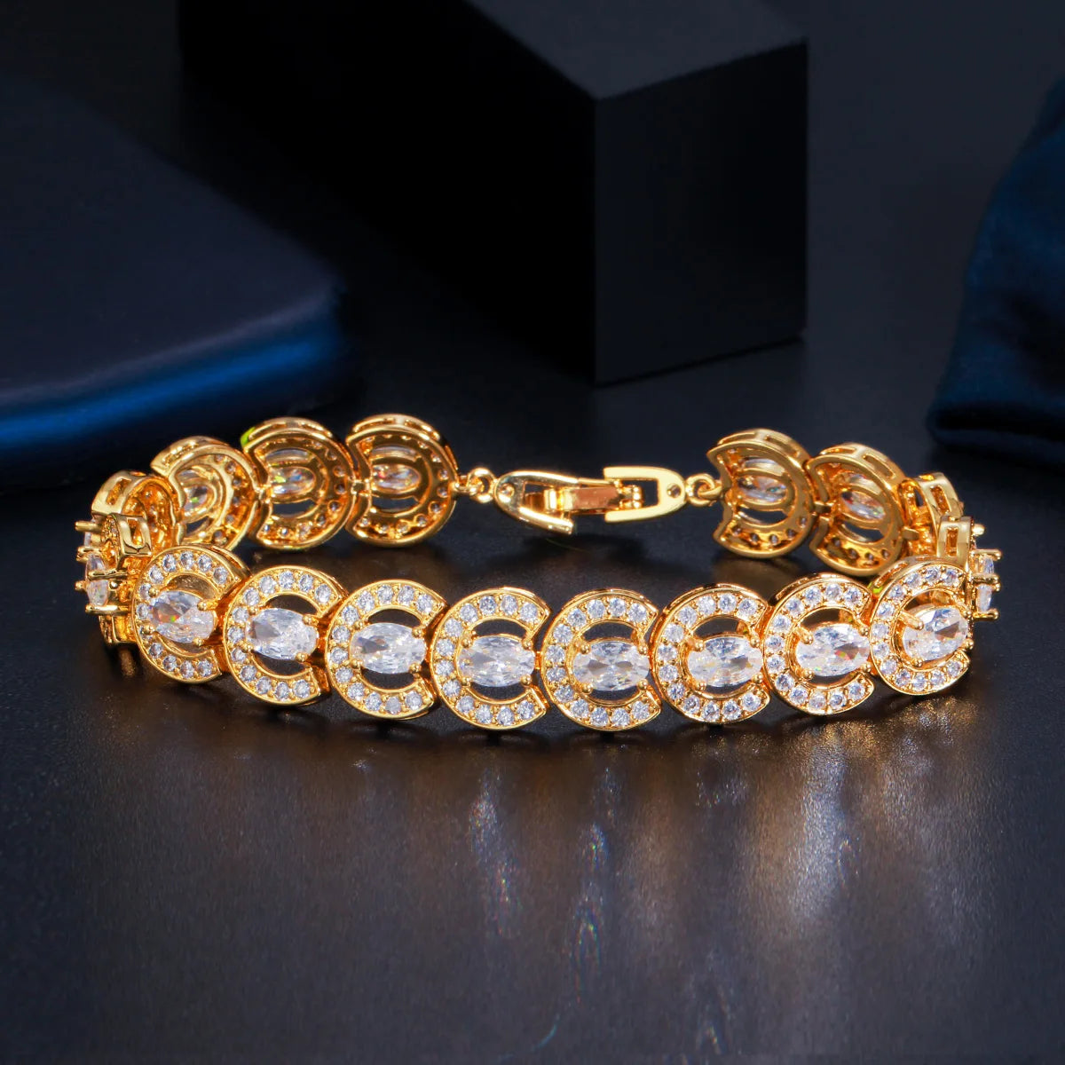 Luxury Wedding Party Jewelry 18k Yellow Gold Plated Cubic Zirconia Stone Chain Link Tennis Bracelet for Women