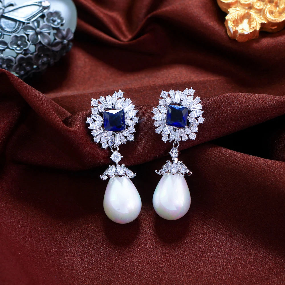 Vintage Luxury White and Royal Blue Cubic Zirconia Brides Big Simulated Pearl Dangle Drop Earring for Women Wedding Party