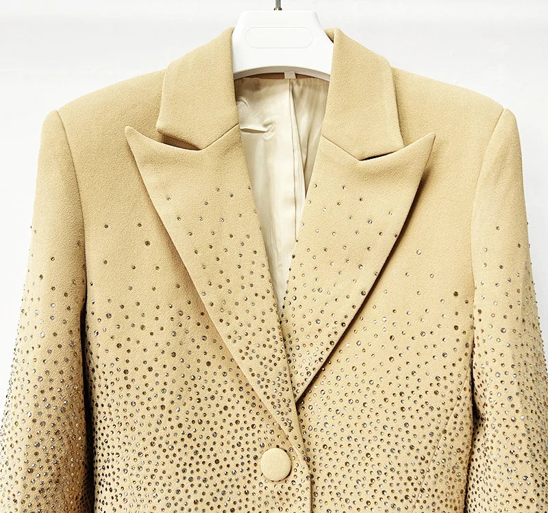 Women Diamond Crystal Beading Blazer for Women V-Neck  Formal Wear Jacket Beige Spring Autumn Style