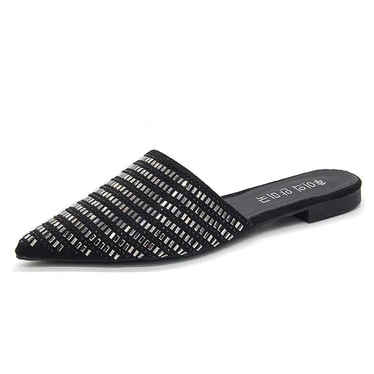 Brand New Design Shiny Diamond Women's Flat Shoes Open Heel Simple Mueller Shoes Casual Lazy Ladies Shoes