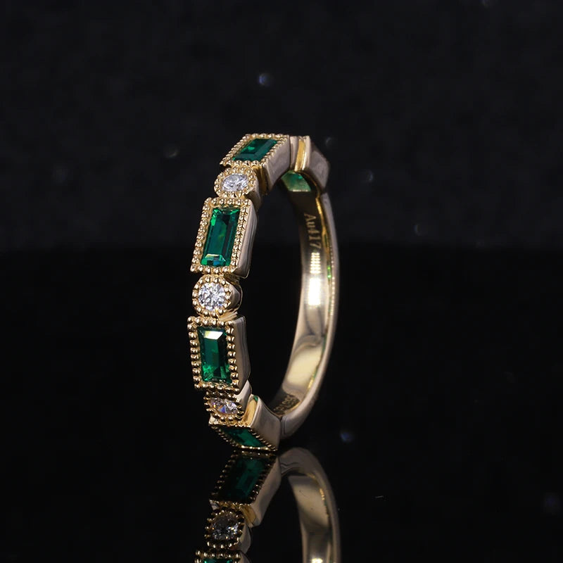 MomentWill 10k Gold Green Emerald Ring Half Eternity Jewelry Women Wedding Rings
