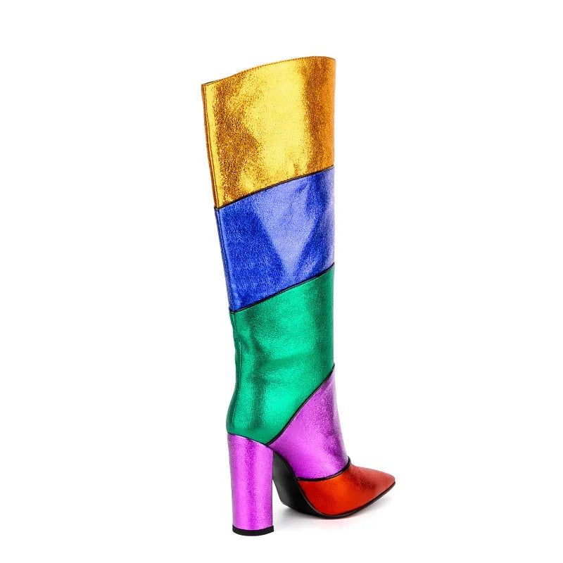 New Design Ladies Chunky Heels Rainbow Long Boots Women Colorful Pointy Toe Slip on Block Heels Mid Calf Boots