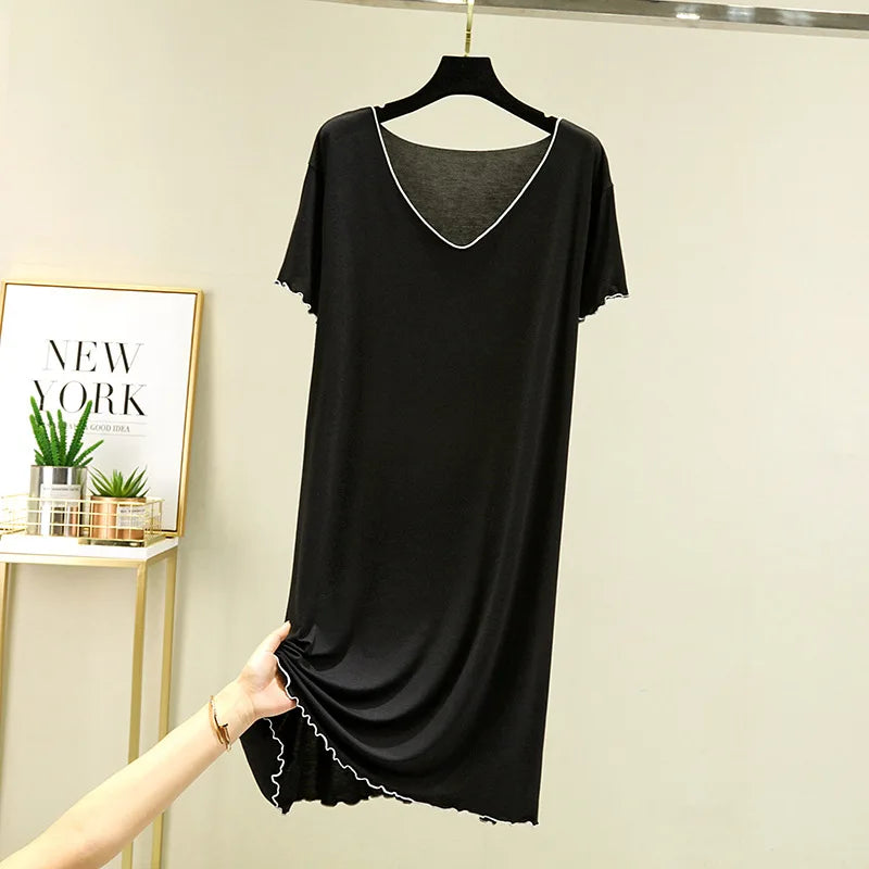 2025 Fall Summer Spring Collection Hot Sale Ladies' Girls' Sleeping Dress Short Sleeved Large V-Neck Loose Lace Pure Color Knitted