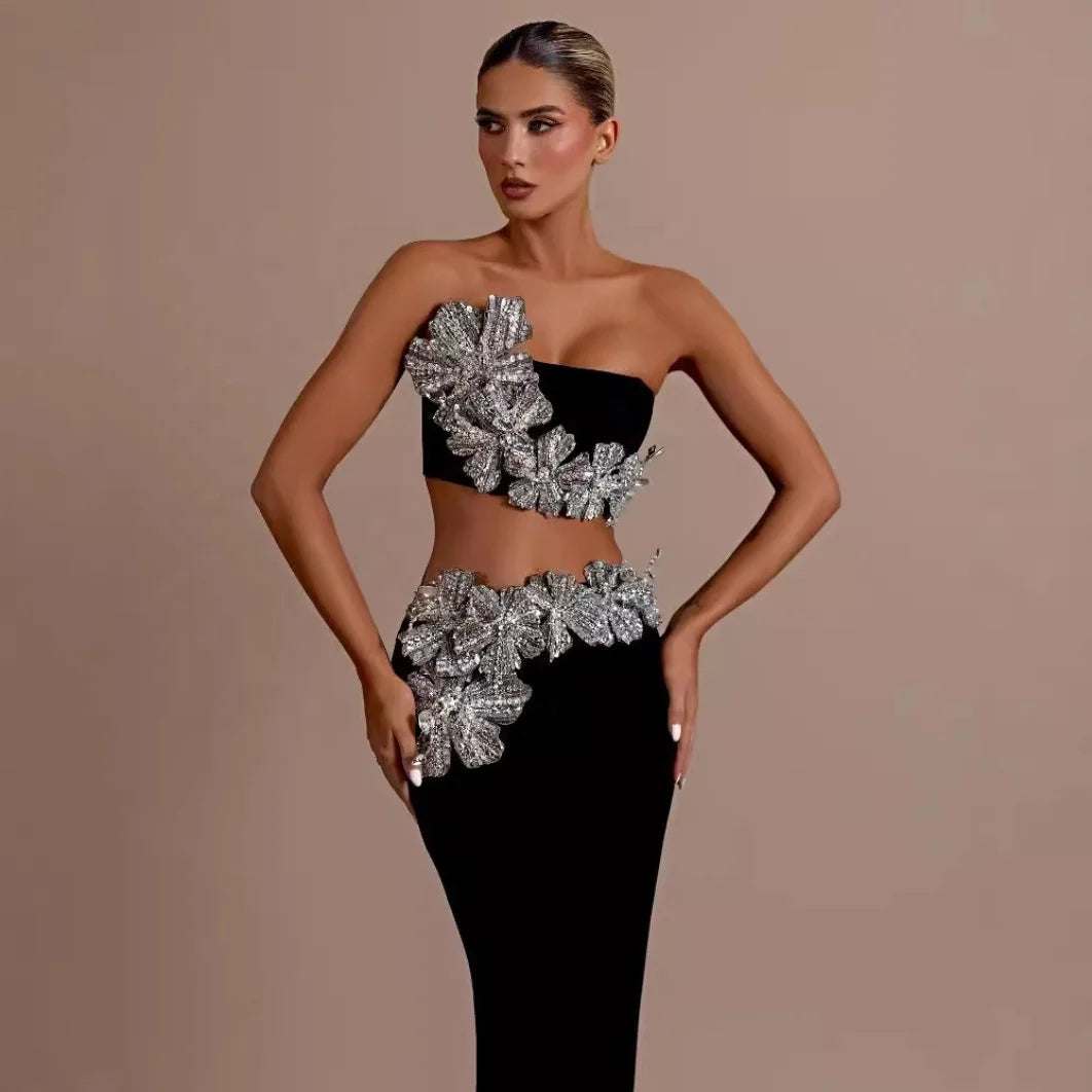 Luxury Sexy Bandage Dress 2-Piece Sets Shiny Diamonds Flower Strapless Evening Party Dresses Set for Woman