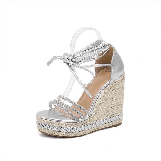 Women 2025 Sandals Open Toe Ladies Lace up Woven Shoes Platform High Heels
