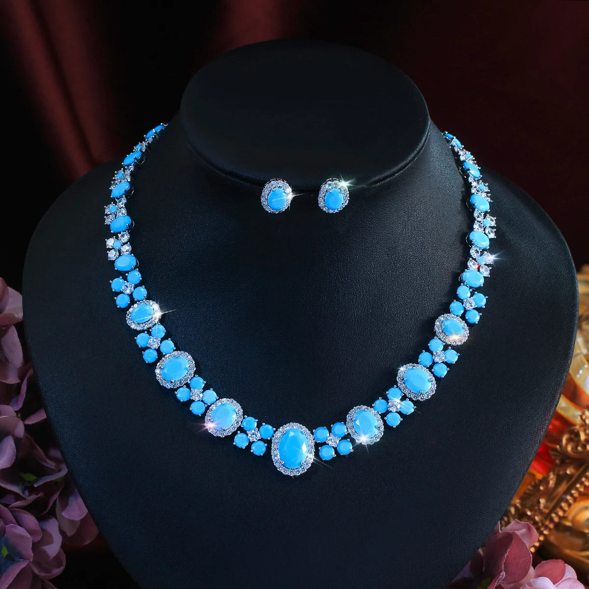 Charming Blue CZ Jewelry Set Turquoise Cubic Zirconia Oval Shaped Necklace Earrings Jewelry Set for Brides Wedding Costume Gift