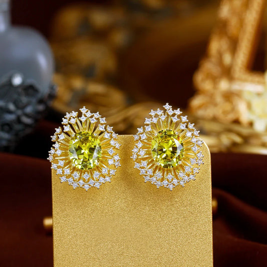 New Trendy Shiny Unique Olive Green Zircon Yellow Gold Plated Big Fireworks Shaped Stud Earrings for Women Daily Party Jewelry