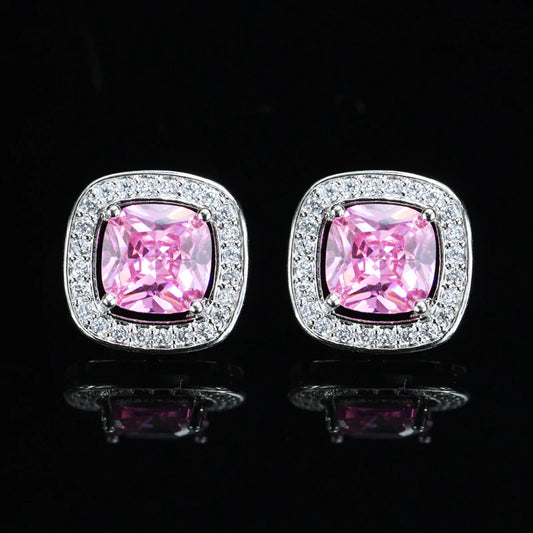 8 Color Options High Quality Square Shaped Cubic Zircon Stone Pink Crystal Fashion Stud Earrings for Women Daily Wear Jewelry