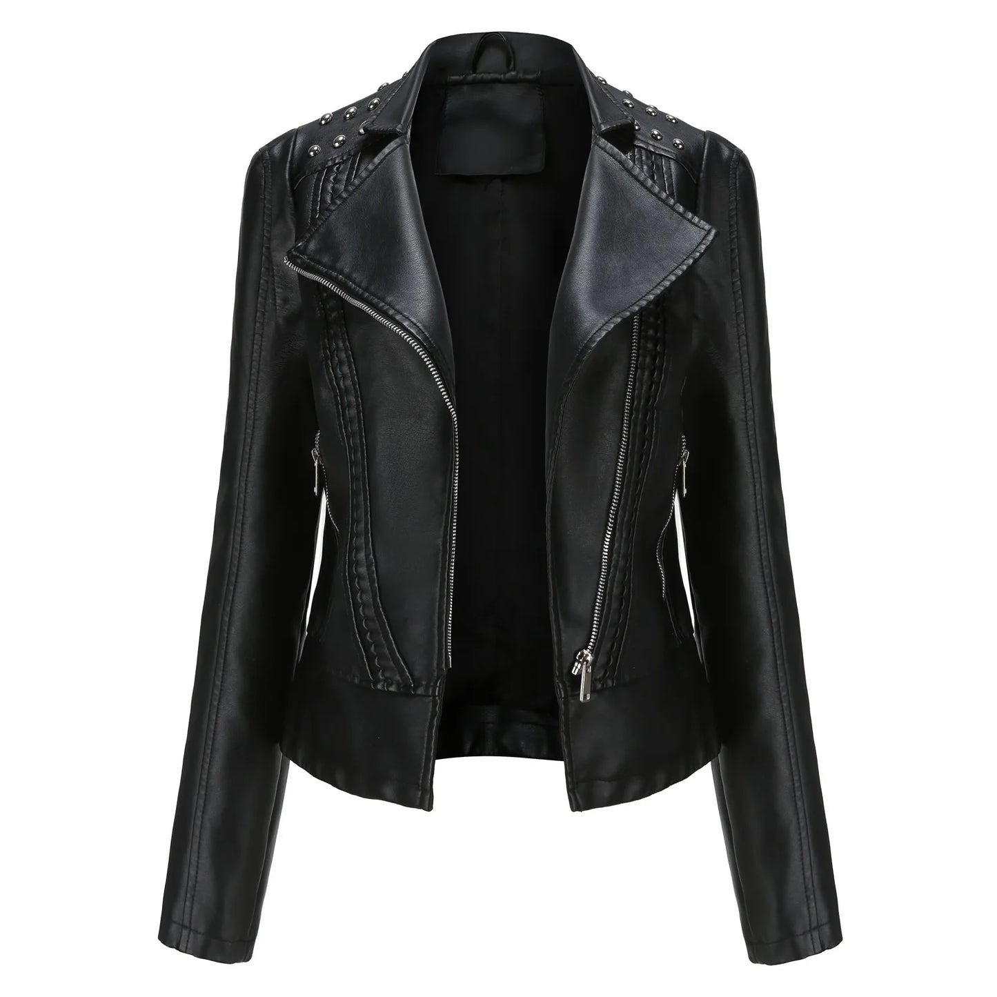 Ladies' Beaded Leather Jacket Women's Long-sleeved Fashion Jacket Thin Spring and Autumn Women's Leather Jacket with Lapel Coat