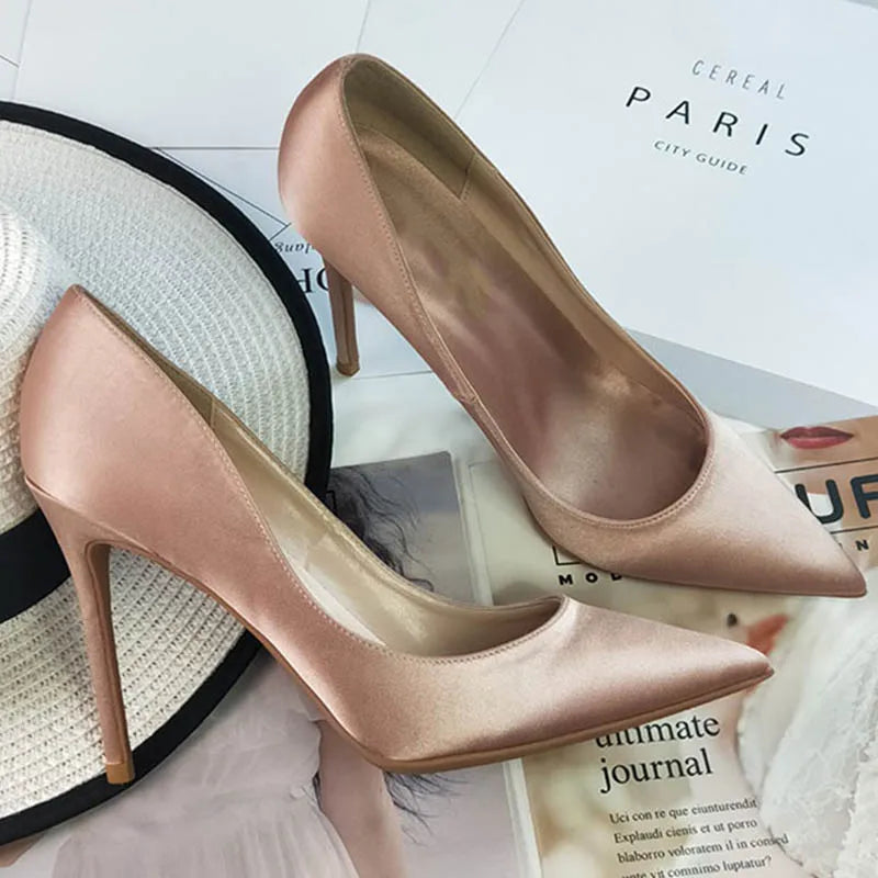 Shoes  6cm 8cm 10cm Silk and Satin Patent Leather Thin High Heels Pointed-Toe Pumps for Women