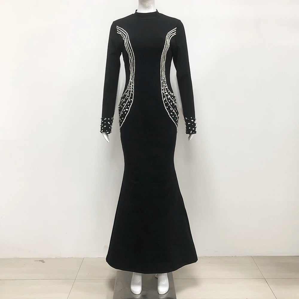 Fashion  High End Luxury Bandage Evening Dresses Women Full Sleeve Rhinestone Bodycon Formal Gown Dress