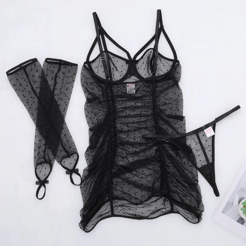 Fashion Sexy Lingerie Set Perspective Seductive Sleepwear Underwear Glove Three-Piece Set Women Sexy Nightdress