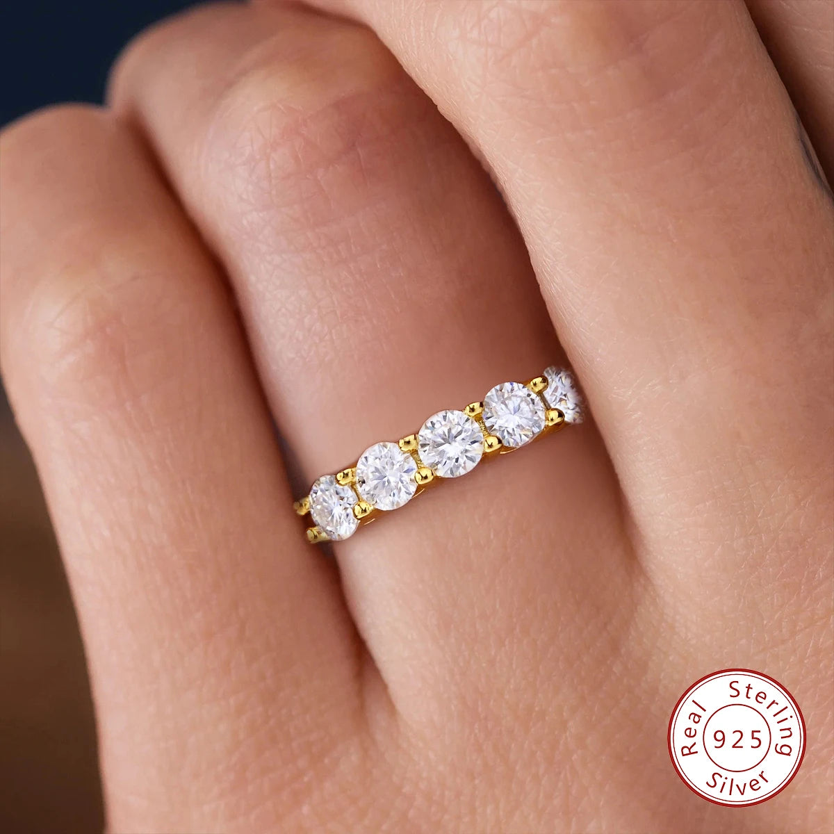 925 Sterling Silver 18k Gold Plated 5 Stone 0.3ct Tennis Eternity Band Diamond Moissanite Ring Wholesale Engagement Fine Jewelry