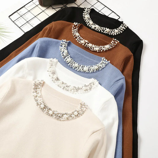 New Autumn Winter Beaded Pullover Sweater Women's Round Neck Long-sleeved Sweater Loose Thin Sweater