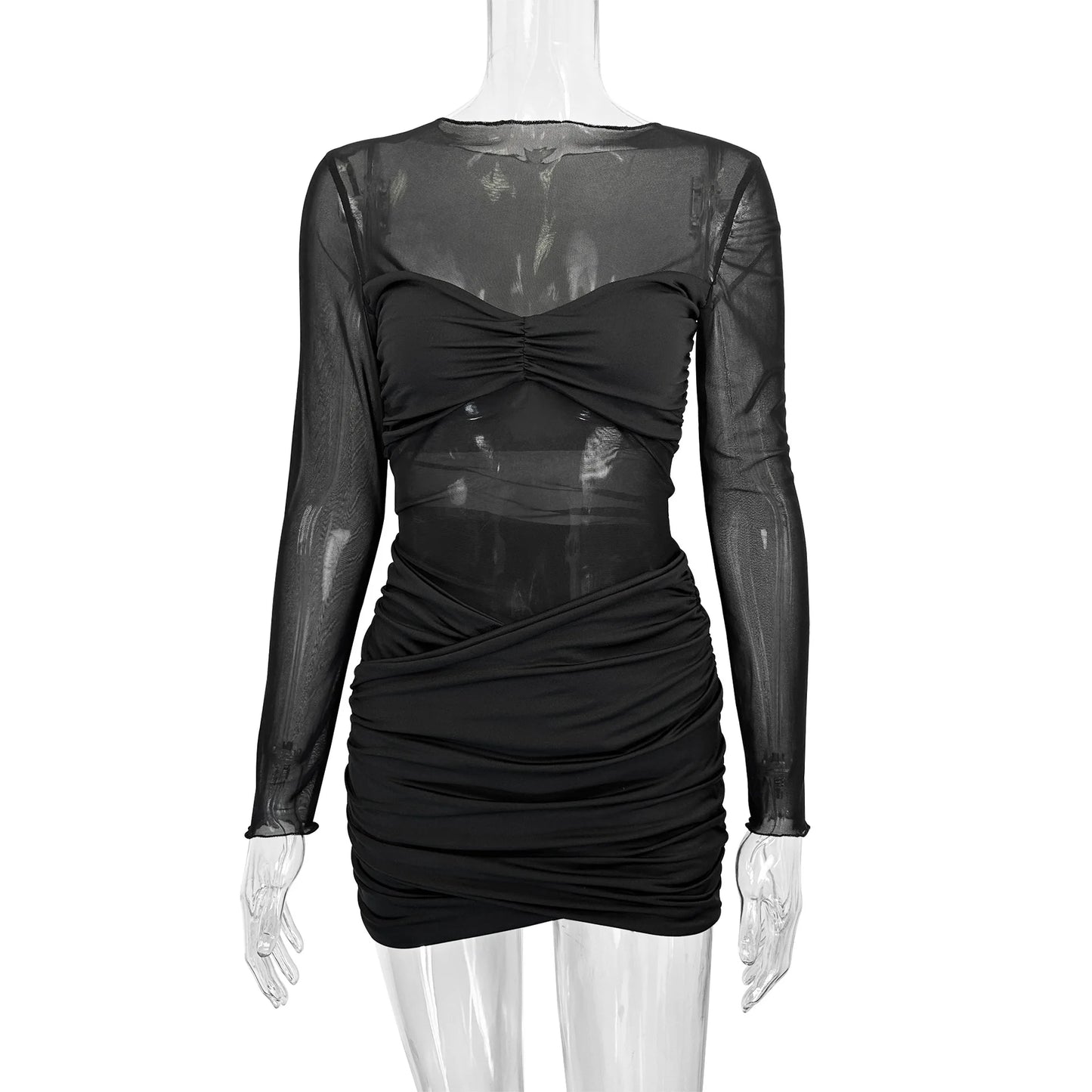 New Arrival Woman Sexy Mesh Black Mini Dress Sex Tight Skirt Long Sleeve Night Club Mini Dress