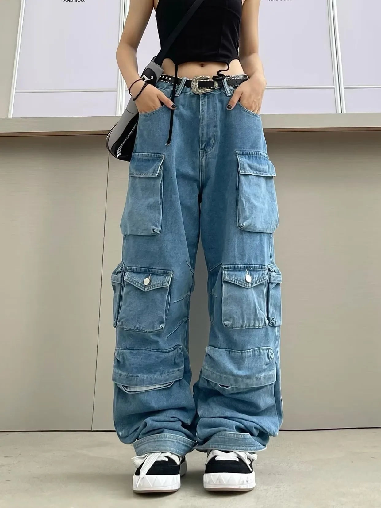 Girls  Loose Overall Denim Jeans Big Pockets Hip-hop Streetwear Zipper Button Trousers Long Pants Fashion Casual Jeans