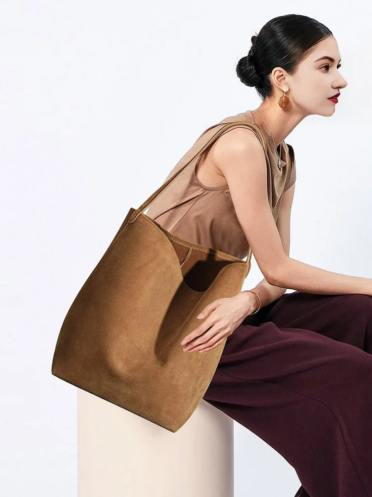 2025 Autumn New Women Suede Genuine Leather Bucket Tote Underarm Shoulder Bag Leather Handbag for Ladies Hand Bag High Quality