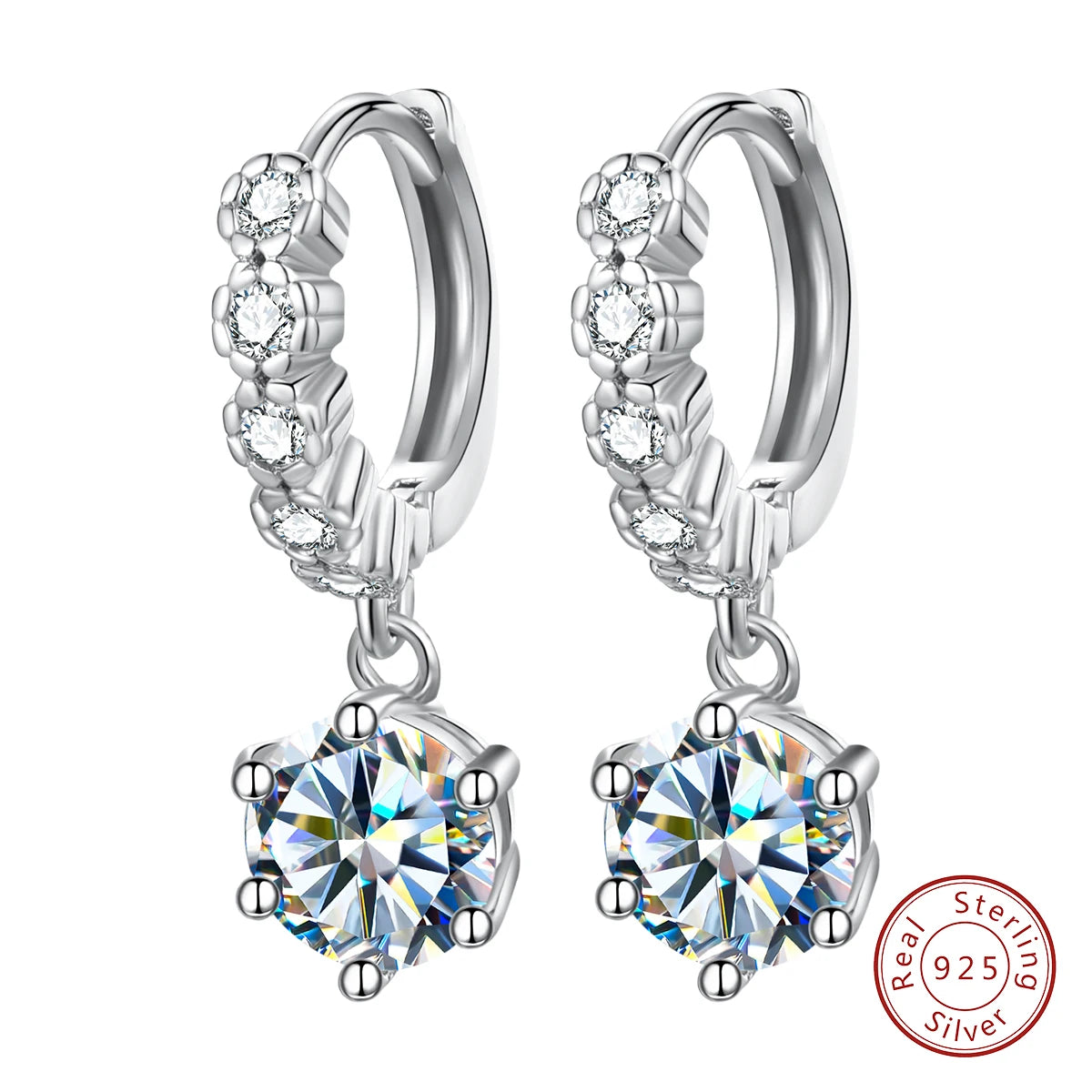 925 Sterling Silver Platinum Plated GRA  Round Brilliant Cut Lady Women Luxury Fine Jewelry Hoop Earring Moissanite