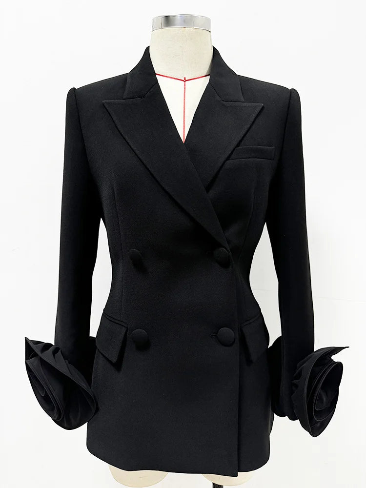 High Quality 3D Flowers Long Sleeve Blazer Spring Black V-Neck Slim Fit Elegant Women Jacket