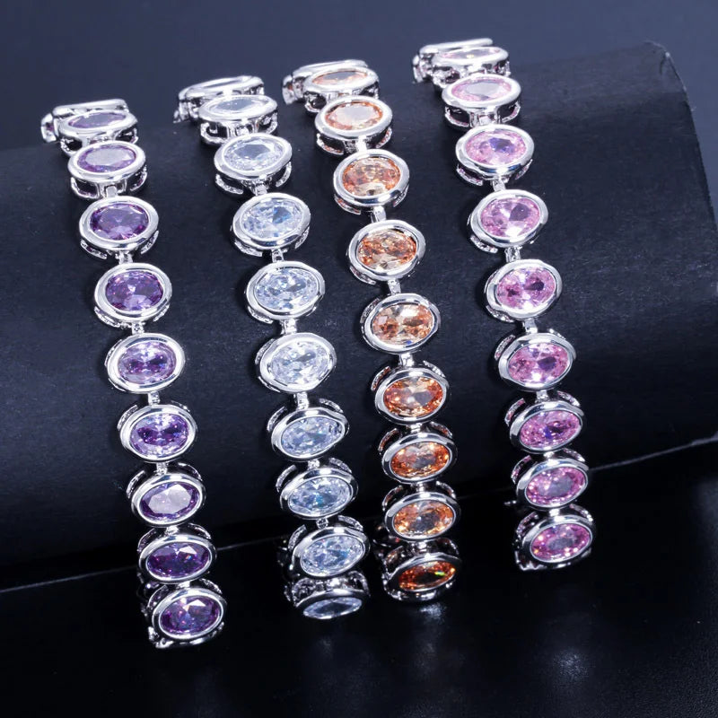 High Quality Stylish Pieces Bezel Setting Oval Cut Cubic Zirconia Pink Tennis Bracelet for Brides Dress Jewelry