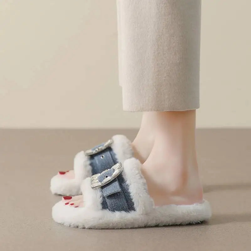2025 Autumn/Winter Indoor Open Toe Flat Bottom Fashionable Warm Plush Slippers Female
