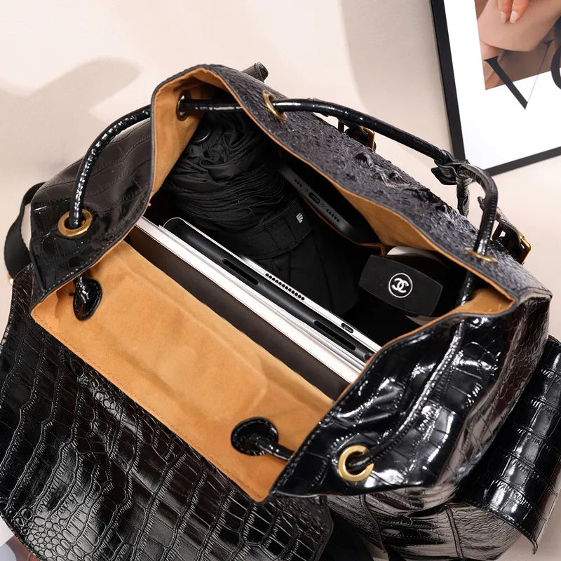 Large Capacity Crocodile Leather Unisex Backpack with Nylon Lining Zipper Closure for Male and Female Travelers and Students
