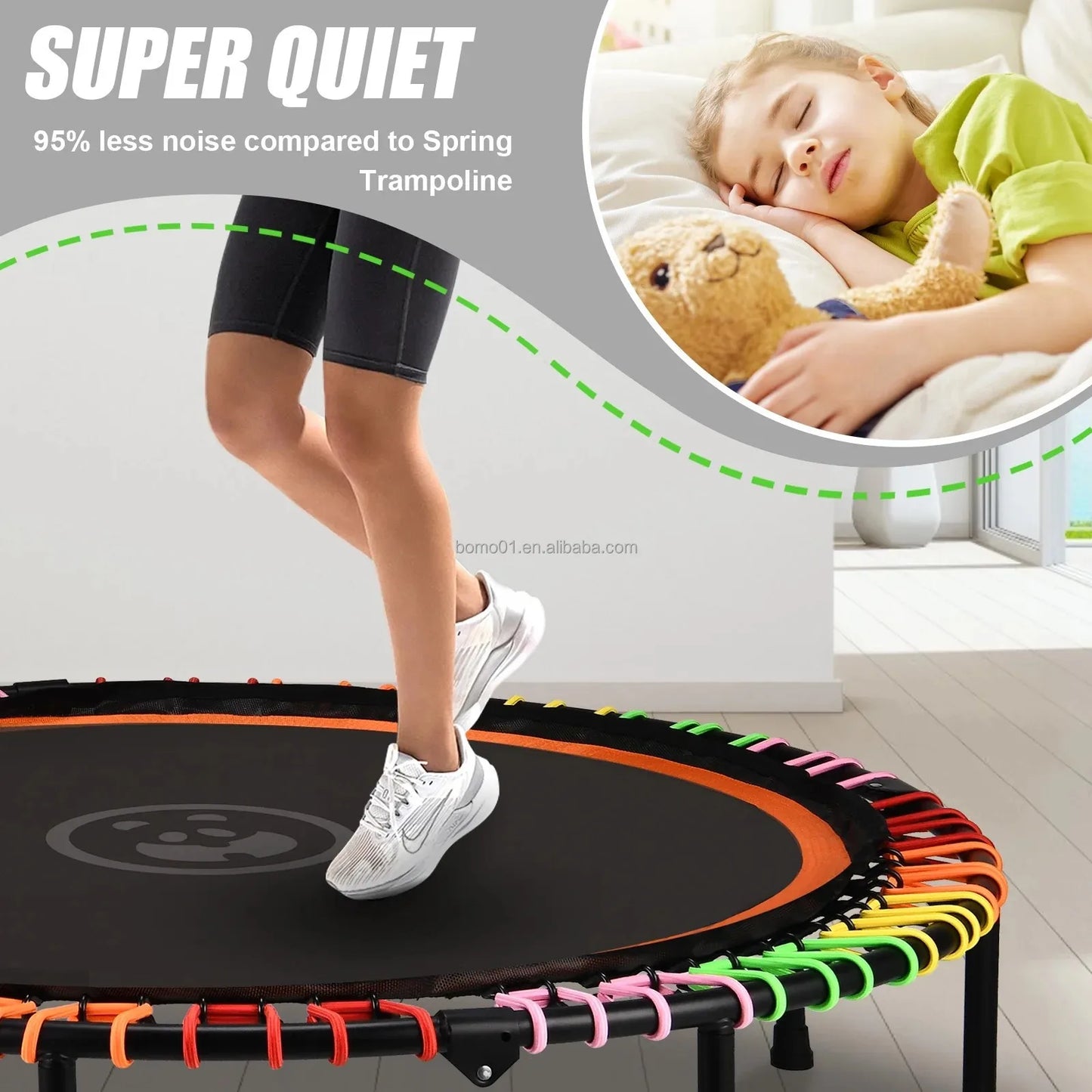 Fitness Trampoline Heavy Duty Indoor Children's Jumping Bed with Adjustable Foam Handle and Bungees