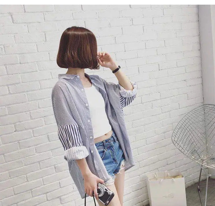 2025  Women Ladies Patchwork Striped Shirts Spring /Autumn Midi Length Loose Women's Casual Shirt and Blouse