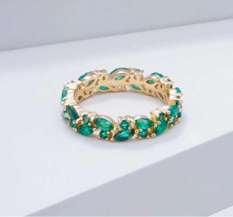 MomentWill 14K Solid Gold Ring Lab Emerald Lab Blue Sapphire Gemstone Wedding Band Ring