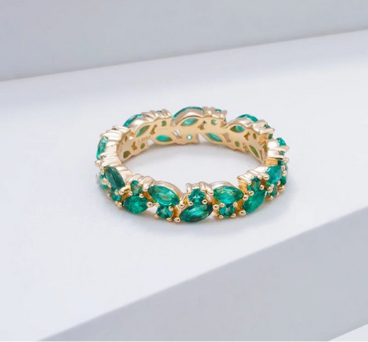 MomentWill 14K Solid Gold Ring Lab Emerald Lab Blue Sapphire Gemstone Wedding Band Ring
