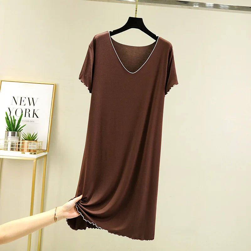 2025 Fall Summer Spring Collection Hot Sale Ladies' Girls' Sleeping Dress Short Sleeved Large V-Neck Loose Lace Pure Color Knitted