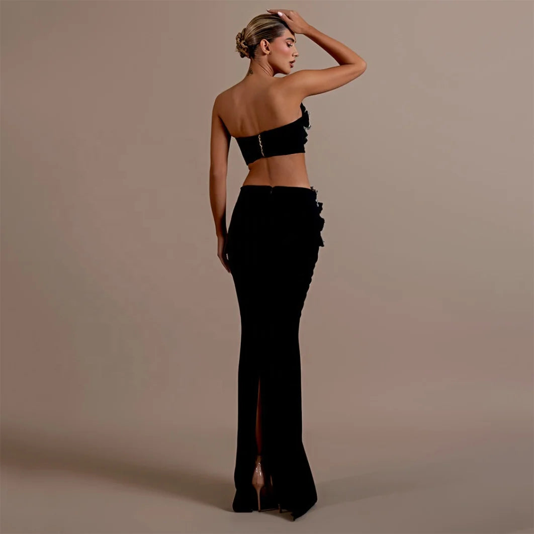 Luxury Sexy Bandage Dress 2-Piece Sets Shiny Diamonds Flower Strapless Evening Party Dresses Set for Woman