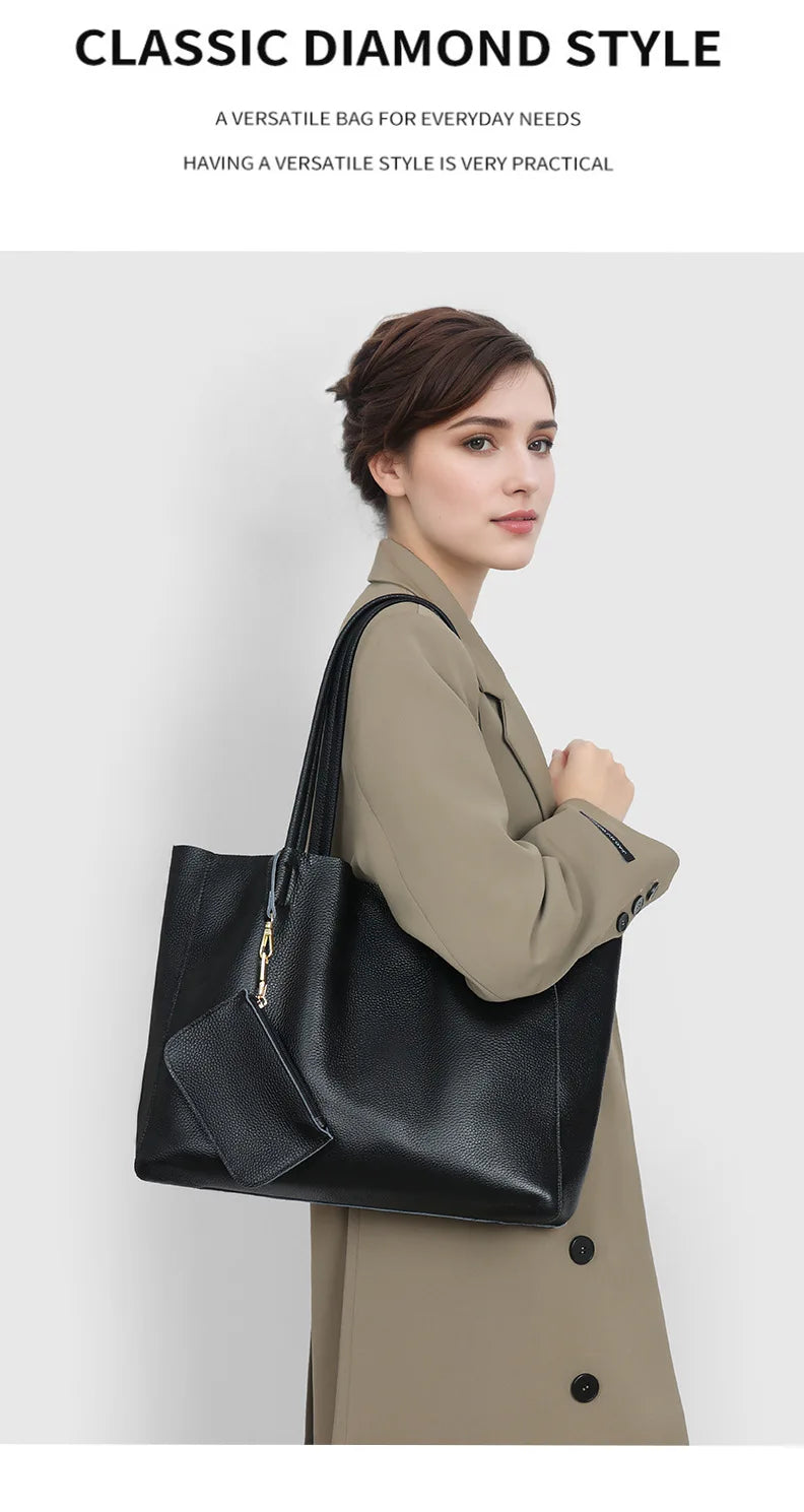 Women's 2025 Cowhide Handbag Large Capacity Tote Bag Open Closure Simple Leather Solid Color Shoulder Bag Summer Autumn