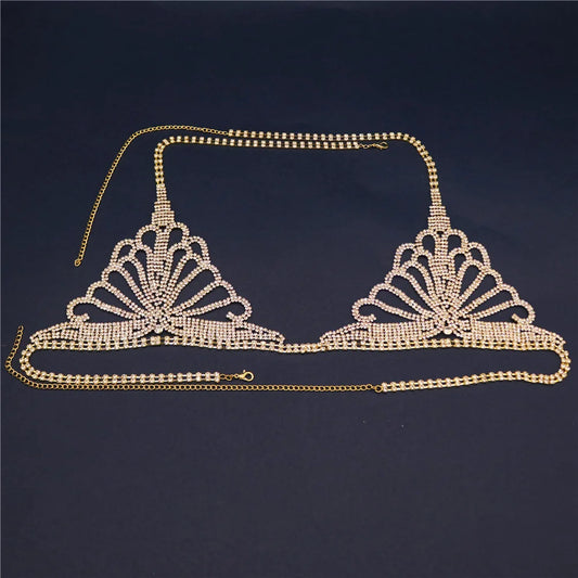 Sexy Butterfly Rhinestone Chain Body Lingerie Set Jewelry for Women Crystal Gold Heart Body Chain Bra and Thong Harness